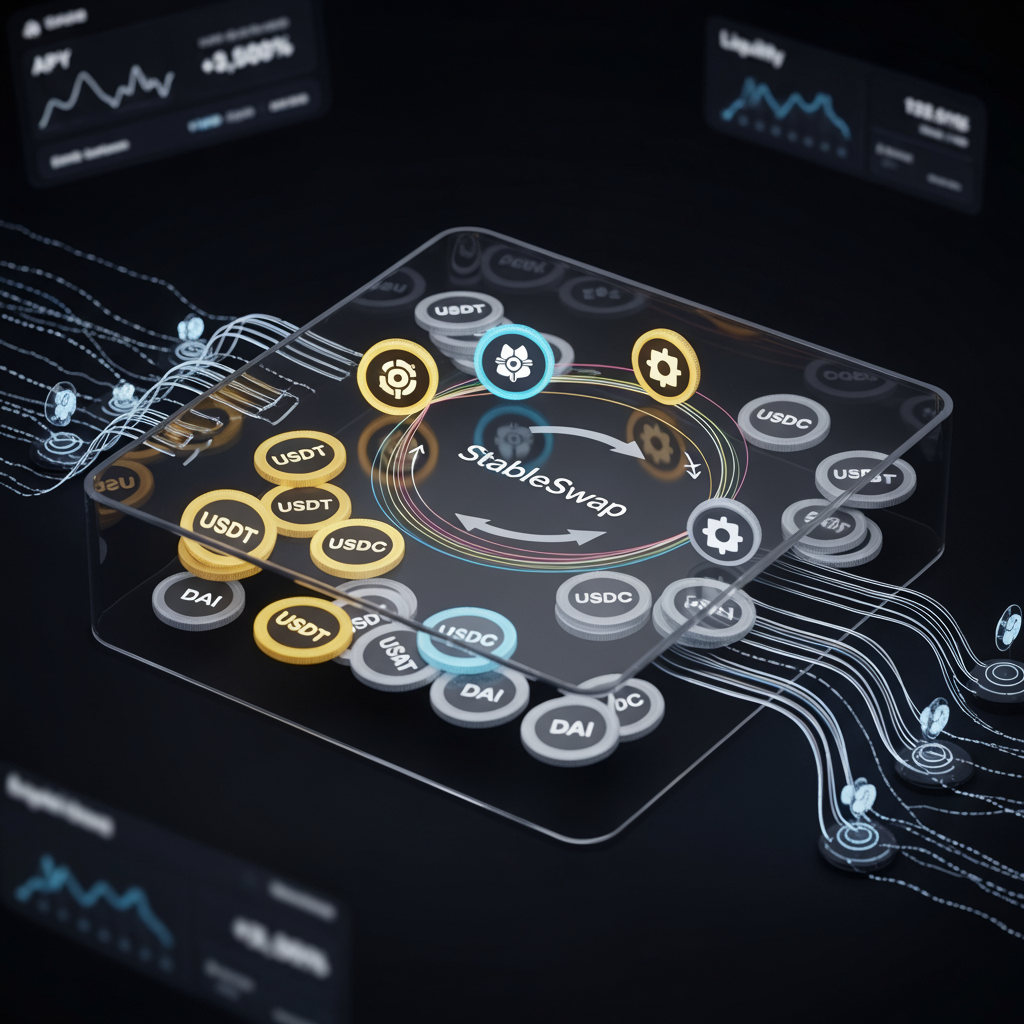 StableSwap-Pools auf Curve ermöglichen den Tausch von Stablecoins nahezu 1:1 und Erträge durch Liquidität